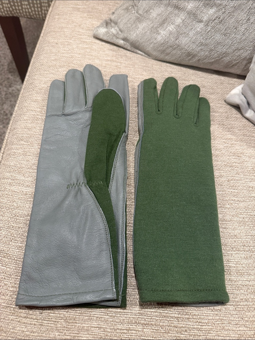 Long Leather and Knit Gloves in Gray and Olive Green